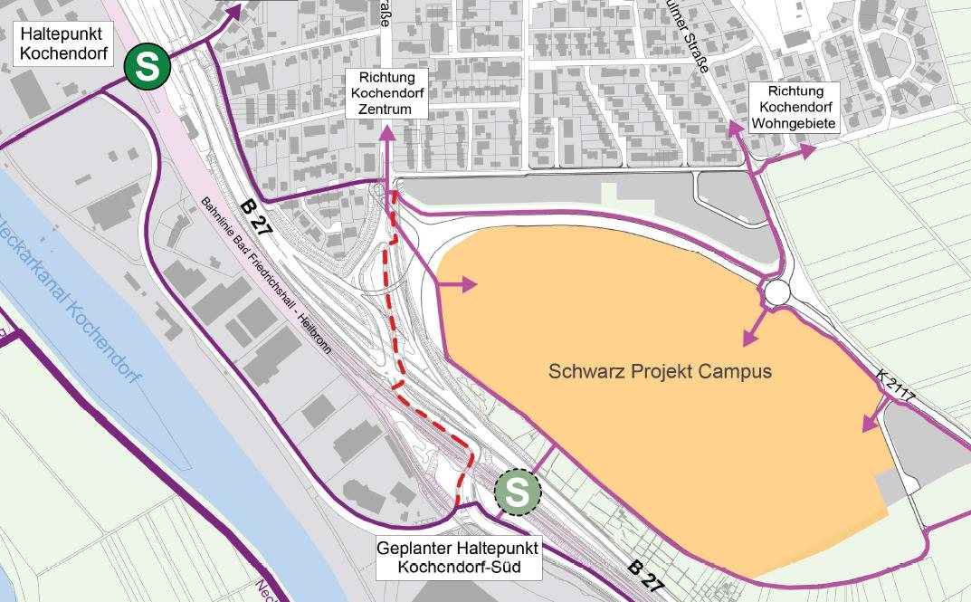 Lageplan mit Schwarz IT Campus, B27 und den S-Bahn-Haltepunkten
