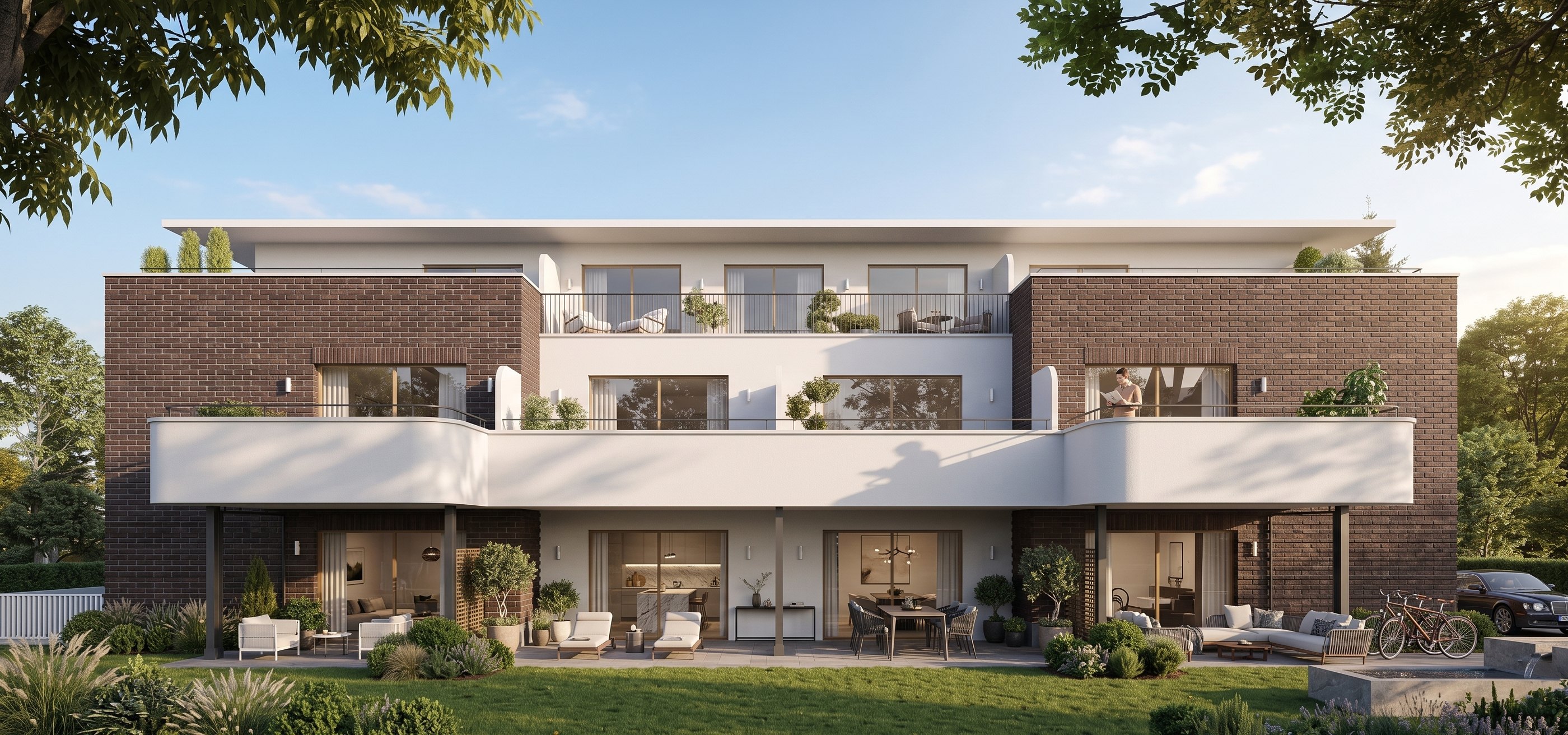 Gartenansicht des Haus ELEPHANT mit Terrassen, Klinkerfassade und Dachterrasse