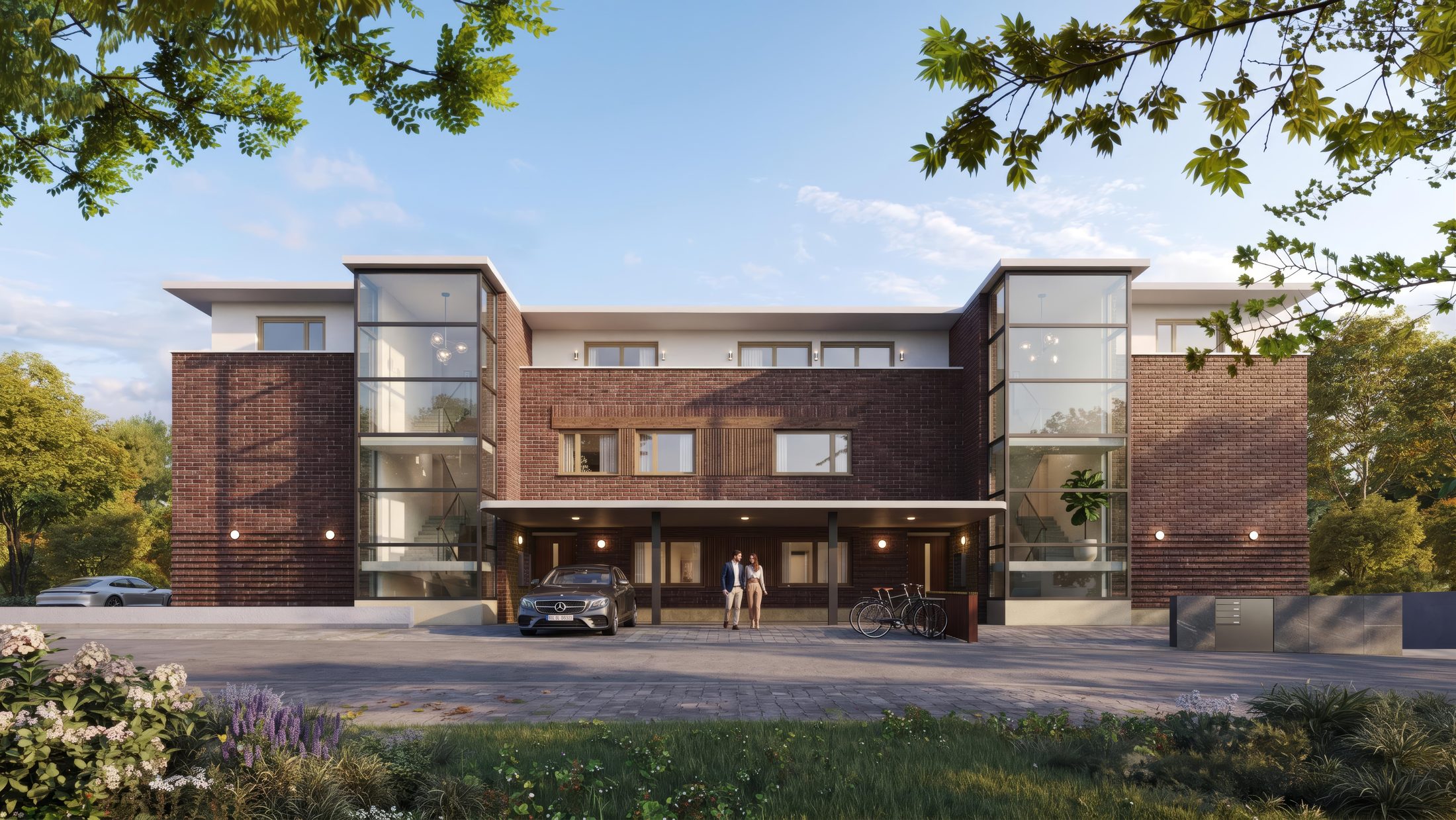 Haus ELEPHANT, Straßenansicht mit den beiden verglasten Treppenhäusern und dem überdachten Hauseingang