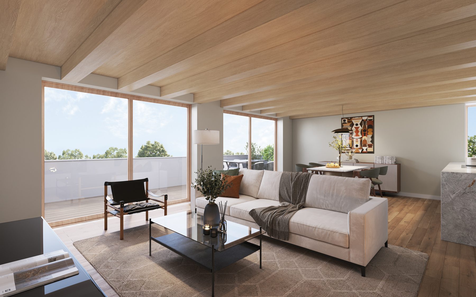 Penthouse mit sichtbarer Holzdecke und Zugang zur Dachterrasse
